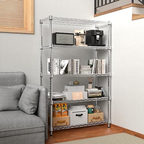 M MZG 5 Tier Heavy Duty Steel Shelving Unit Wire Organizer for Home Kitchen Office Chrome 35x60x159cm