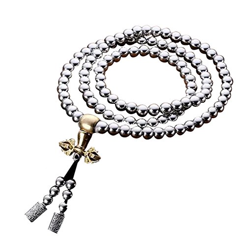 Outdoor Stainless Steel 108 Buddha Beads Necklace Hand Bracelet Chain Titanium Steel Metal Necklace Waist Chain (Silver - C)