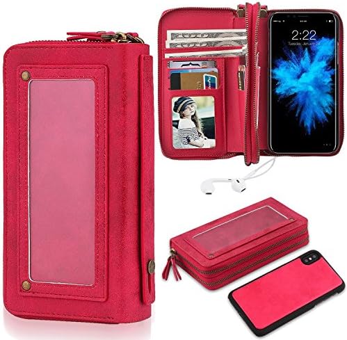 iPhone X Wallet Case,B4Uebuy Multi-function Purse Detachable Slim Back Case Dual Zipper Pouch Cash Storage Card Holder Case with Cosmetic Mirror Hand Strap for Apple iPhone X/iPhone 10 (Red)