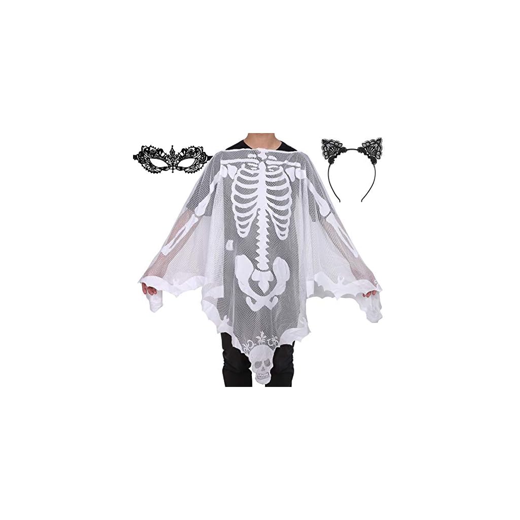 WISHTEN Halloween Skelett Poncho - Spitzen Umhang Mit Fledermaus Maske