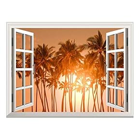 Removable Wall Sticker/Wall Mural - Beautiful Tropical View of Palm Trees at Sunset | Creative Window View Wall Decor - 24"x32"