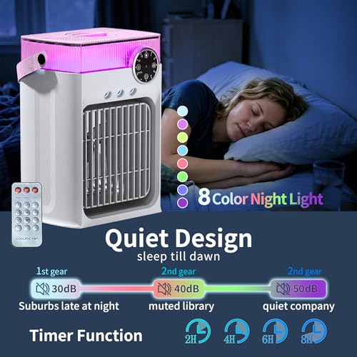 YFFU Portable Air Conditioner with Remote Control,1200ml Evaporative USB Mini Air Cooler RGB 8 Lights, 3 Wind Speeds, 3 Spray Modes, 2-8H Timer Small Air Conditioning Unit for Home Bedroom,Warm White