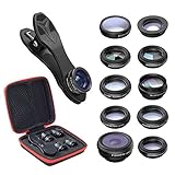 Cell Phone Camera Lens Kit: 10 in 1 Clip On Attachment Lenses for iPhone or Android Smartphone/Tablet - Fisheye, Wide Angle & Macro, Telephoto, 2 Kaleidoscope, CPL, Star, Radial & Flow Filter Lens