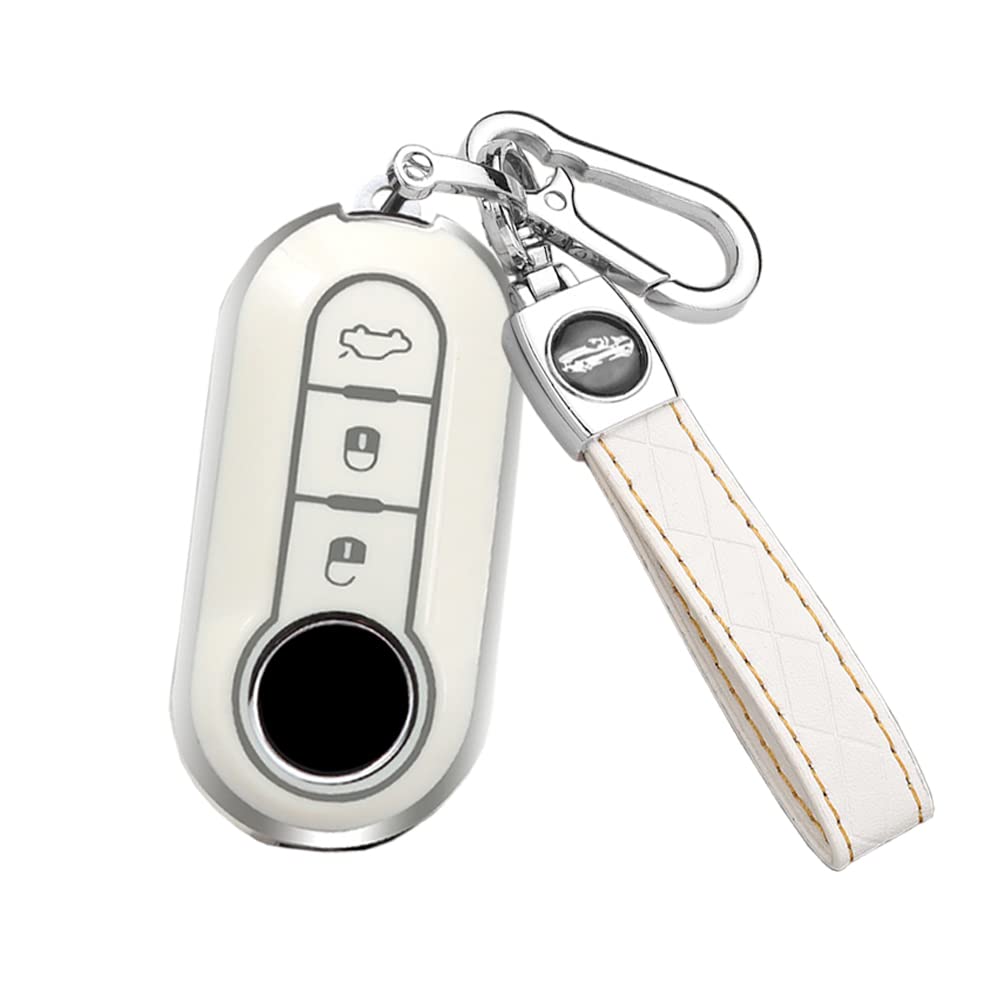 HIBEYO Flip Key Car Key Case Fits Fiat Key Case Silicone Protective Case for Fiat 500L Ducato Panda Punto Bravo Ducato Musa Key Box Remote Key Flip Leather Key Ring White