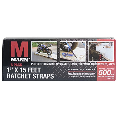 Mann Ratchet Tie Downs Straps 6-Pack with S-Hooks 1-Inch x 15-Feet 500 Lbs Load Cap - 1500 Lb Break Strength (Black) - Thumbnail 3