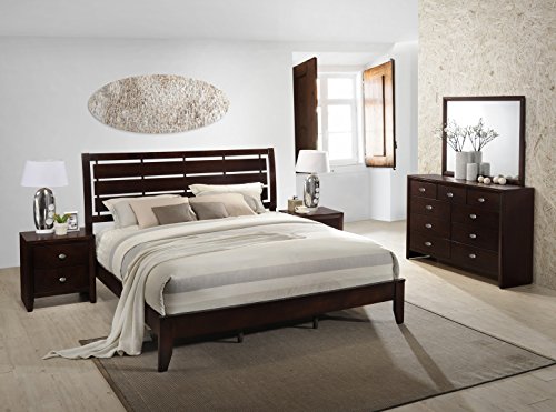 Gloria Brown Cherry Finish Wood Bed Room Set, Queen Bed, Dresser, Mirror, 2 Night Stands