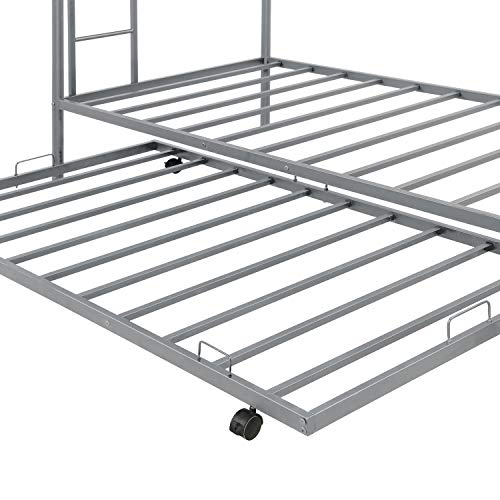 Twin Over Twin Metal Bunk Bed with Trundle, Rockjame Space Saving Design Sleeping Bedroom Bed Frame with 2 Ladders and Safety Rail for Boys, Girls, Kids, Young Teens and Adults (Sliver)