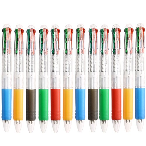 Ipienlee Multinational Retractable Ballpoint Pens 0.7mm 4 Color Ink (Black, Blue, Red, Green) in One Ballpoint Pen, Pack of 12