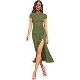 NOVANDO Casual Short Sleeve Ruched Cotton Bodycon Midi Dress for Women 2024 Summer Crew Neck Party Club T Shirt Dress