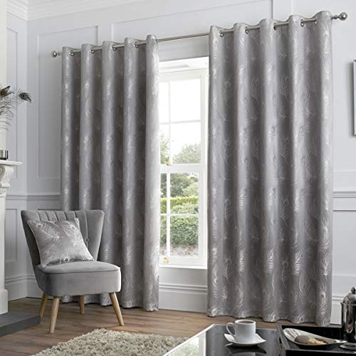 Curtina - Peacock Feather Eyelet Curtains W46 x L72 (117 x 183cm) - Silver Bird Design for Living Room/Bedroom - Luxury Drapes
