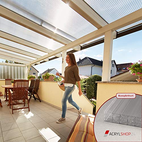 Acrylshop24 Terrassendach Terrassenüberdachung Carport Komplettset Polycarbonat 16mm X-Struktur Stegplatten farblos 16mm Stegplatten Tiefe:3000mm|Breite:6120mm - Mehrere Maße verfügbar