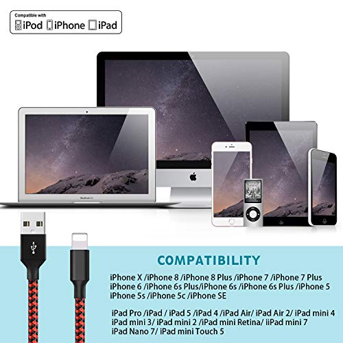 Lightning Cable, Hootech iPhone Charger Cables, 5Pack 3FT 2x6FT 2x10FT to USB Syncing Data and Nylon Braided Cord Charger for iPhone Xs Max, XR, X, 8, 7, Plus, 6, 6S, 6 Plus, 5, 5C, 5S, SE - Red - Thumbnail 4