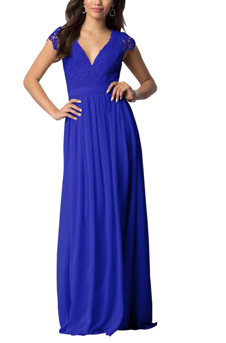 V Neck Prom Gown Formal Long Lace Backless Chiffon Empire Waist Bridesmaid Dresses