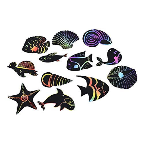 Odowalker Scratch Art Paper of Rainbow Dinosaur Scratchboard Craft Kits with Wooden Styluses for DIY Kits & Decorations Boys Girls Classroom Craft Party Game Supplies (Marine Animal)