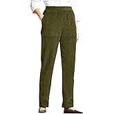 LOVESHOOT Corduroy Pants for Women Elastic High Waist Pull On Straight Leg Slacks Casual Fall Trousers with Pockets