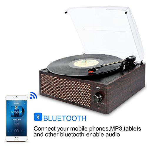 Bluetooth Record Player Belt-Driven 3-Speed Turntable, Vintage Vinyl Record Players Built-in Stereo Speakers, with Headphone Jack/ Aux Input/ RCA Line Out, Brown Wooden (Brown-1) - Thumbnail 2