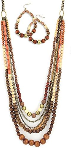Womens Jewelry Natural Wood Bead Necklace and Earrings Set