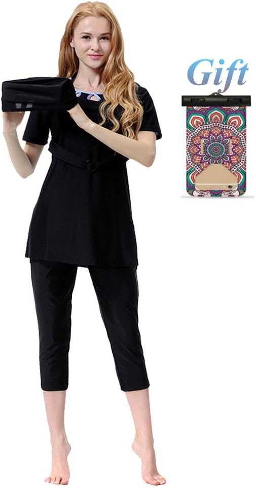 Swimming Costume for Women Islamic Muslim Swimwear Burkini Ladies Three-Piece Swimsuits Summer Beachwear Bathing Suits Short Sleeve Top + Pants + Swimming Cap