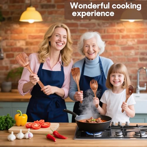 Cucharas de Madera para Cocina, Juego de Utensilios de Cocina Teca, Espátula,Tenedor para Ensalada,Cuchara, Colador y Cuchara para Pasta, Adecuado para Cocinas y Comedores, 5 Piezas