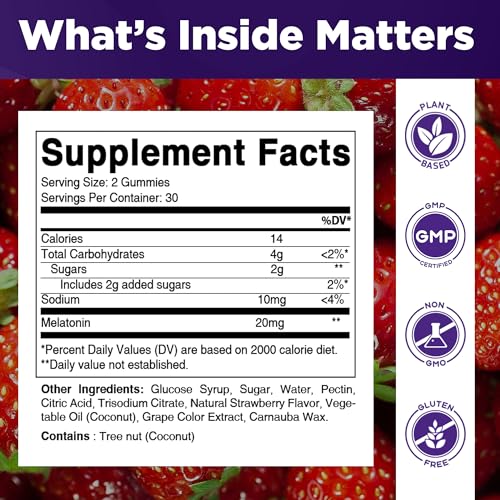 Vitamatic Melatonin 20 mg Gummies, Vegan, Strawberry, 60 Count | 20 mg Melatonin Per Serving, Promotes Relaxation & Sleep Support*, Plant-Based, Gluten Free, Non-GMO