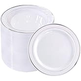 bUCLA 100Pieces Silver Plastic Plates - 6.25inch White with Silver Rim Disposable Salad/Dessert/Appetizer/Small Cake Plates for Weddings, Parties&Gathering