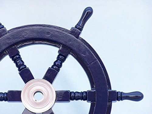 Hampton Nautical Deluxe Class Dark Blue Wood and Chrome Decorative Ship Steering Wheel 18" - ation
