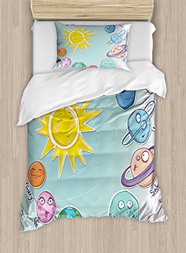 Ambesonne Space Duvet Cover Set Twin Size, Cute Cartoon Sun and Planets of Solar System Fun Celestial Chart Baby Kids Nursery Theme, Decorative 2 Piece Bedding Set with 1 Pillow Sham, Multicolor