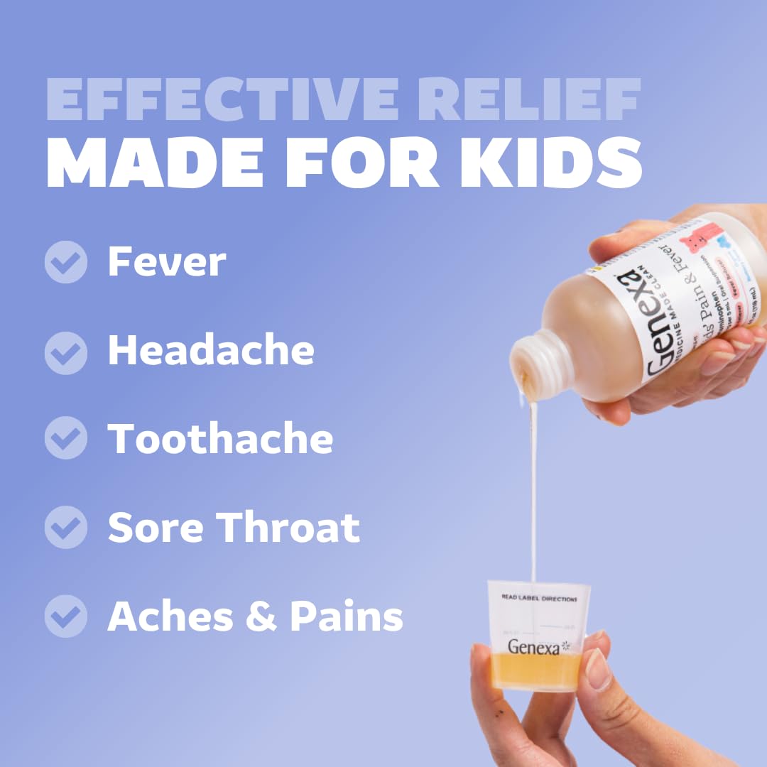 Genexa Children's Clean Acetaminophen | Pain & Fever Reducer for Kids | Kids Medicine, Dye Free Acetaminophen, 0% Artificial Additives | Ages 2-11, Delicious Organic Blueberry Liquid, 4 fl oz