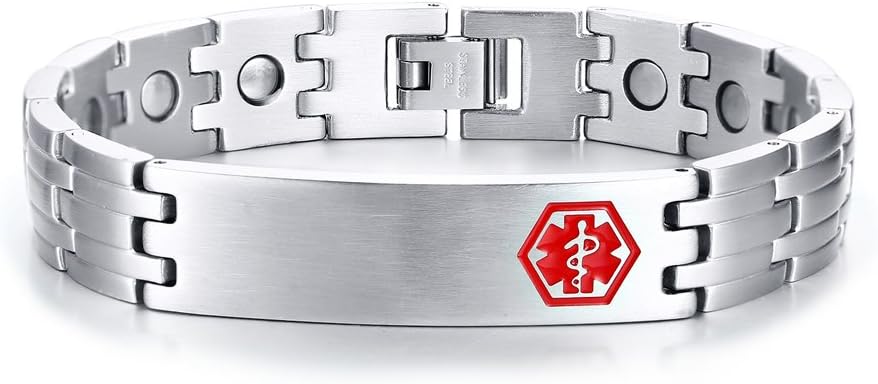 DIB Free Engraving Stainless Steel Medical Alert ID Healthy Magnetic Therapy Bracelet for Men Women Black/Silver/Gold, 8.3"