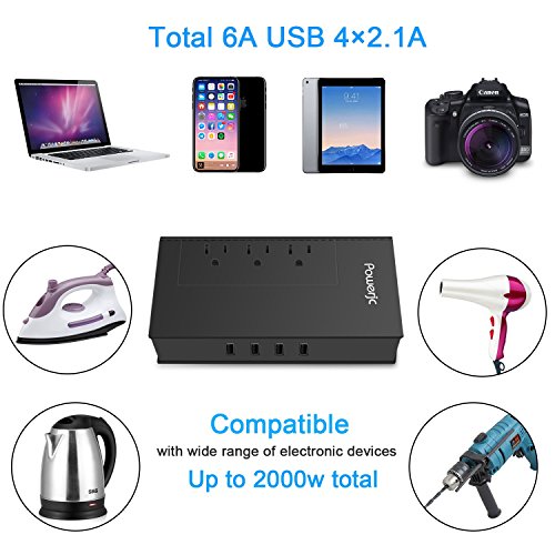 Voltage Converter Travel Adapter Step Down 220V to 110V AC Output Rated Current 7A with 4 Smart USB Charging Ports without Any Noise Powerjc-Black