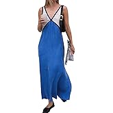 BQDCQB Womens Summer Color Block Satin Dress Loose V Neck Contrast Patchwork Flowy Beach Vacation Long Tank Maxi Dresses(Blue-M)