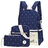 Samaz 3-in-1 Cute Korean Lace Canvas School Backpack for Teen Girls (Deep Blue)
