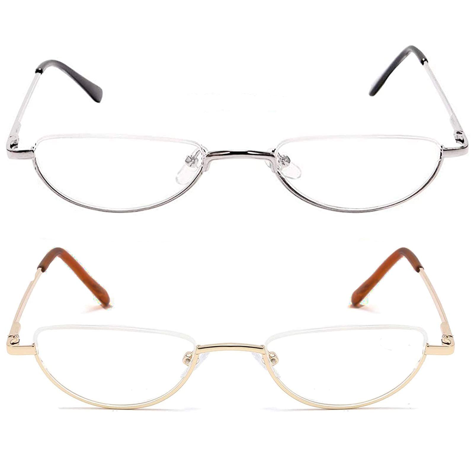 MMOWW 2 Pack Half Moon Reading Glasses for Men Women Slim Metal Half Frame Readers Semi Rimless Eyewear with Spring Hinge (Gold+Silver, +1.0)