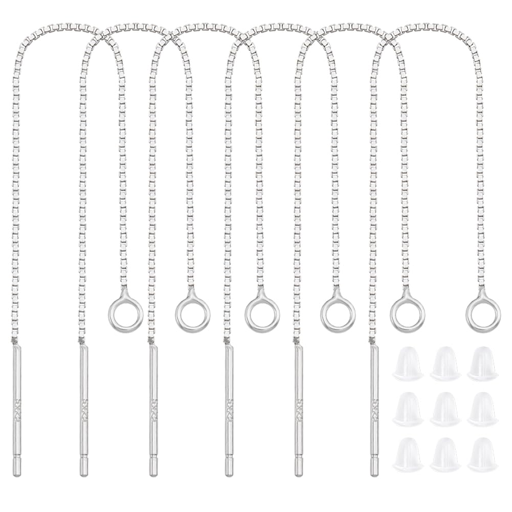 Beebeecraft 6Pcs Ear Threads for Jewelry Making Rhodium Plated 925 Sterling Silver 70mm Chain Threader Earrings with Loop for DIY Earrings with 10Pcs Plastic Ear Nuts and Storage Box