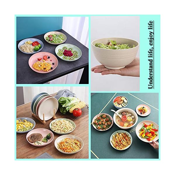 24Pieces Wheat Straw Dinnerware Set, Lightweight Plates Bowls Cups Dishes Set, Unbreakable Tableware Set for Picnic Party BBQ Camping (24pcs)
