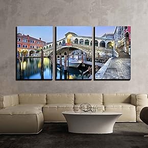 3 Piece Canvas Wall Art - Morning Twilight Grand Canal and Rialto Bridge in Venice, Italy - Modern Home Art Stretched and Framed Ready to Hang - 16"x24"x3 Panels