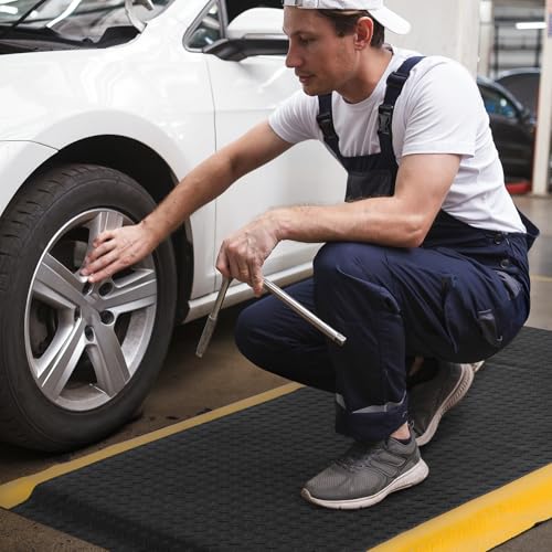GOOFCXO 3ft x 5ft Anti Fatigue Mat, 15/16" Thick Industrial Grade Anti-Fatigue Floor Mat, Heavy Duty Diamond Plate Ergonomic Standing Mat for Kitchen Office Gym, Black with Yellow Border