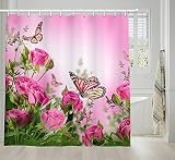 NYMB Pink Flowers Shower Curtain, Butterflies and Spa Home of Spring Theme Zen Floral House, Fabric Bathroom Decorations, Bath Curtains Hooks Included, 69X70 inches