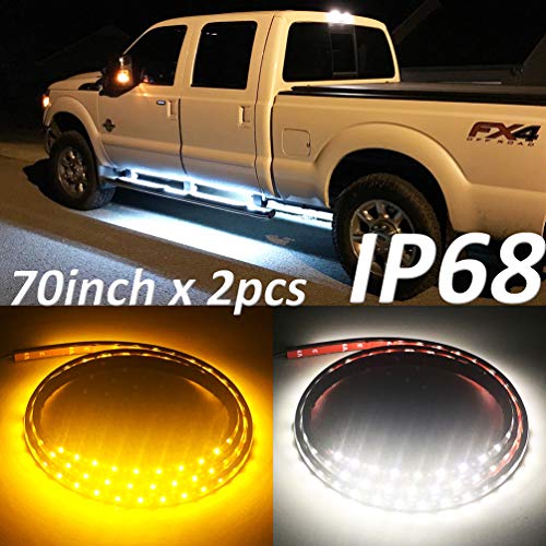 Fuguang [2PC-70inch] IP68 LED Board Running Light Truck Side Marker Flexible Step Strip Lights White & Amber Turn Signal Combo Kit (IP68)