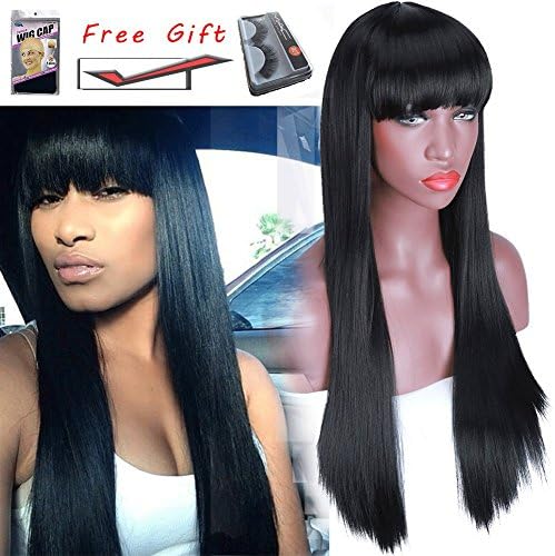 Long Straight Synthetic Wigs for Black Women with Neat Bangs Fringe Wig Machine Made Synthetic Black Hair Heat Resistant Fiber Capless Wigs 24 Inch