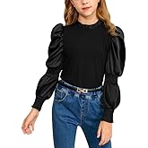 BesserBay Girls Puff Long Sleeve Shirt Ruffle Neck Rib Knit Blouse Tops Fall Shirts Size 4-12 Years
