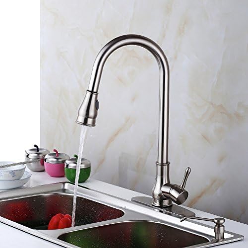 360 Degree Kitchen Pull Out Faucet with Cover Deck Plate and Liquid Soap Dispenser,Brushed Nickel