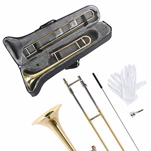 Apelila Gold Bb Tenor Trombone, Tuner, with Hard Case Mouthpiece Cleaning Kit & Care Kit Standard Student Beginner Brass Trombone