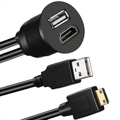 BATIGE USB & Mini HDMI Male to HDMI Female AUX Flush Mount Car Mount Extension Cable Car Truck Boat Motorcycle Dashboard Panel 3ft - Gold Plated