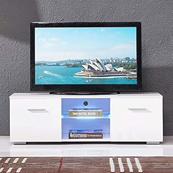 High Gloss TV Stand with LED Lights, Modern TV Stand for 50 in TV Console Storage Cabinet with 2 Drawers for Living Room (White)