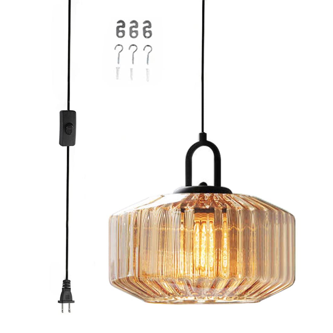 Photo 1 of Qufute Amber Plug in Pendant Light, Hanging Lamps for Living Room Plug in Glass Globe Pendant Light, Modern Plug in Cord Pendant Hanging Light with 14.7 ft Cord On/Off Switch Striped Glass Shade