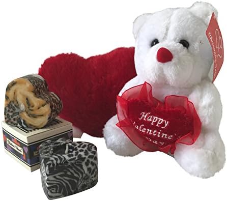 Best White 7" Romantic Teddy Bear with "Happy Valentines" Message, 1 Red Plush Heart and 1 Pack of 2 Mini Heart Shaped Glowing Handmade Candle in Animal Print