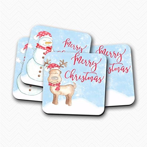 Reindeer Snowman Merry Christmas Cork Backed Coasters with Holder