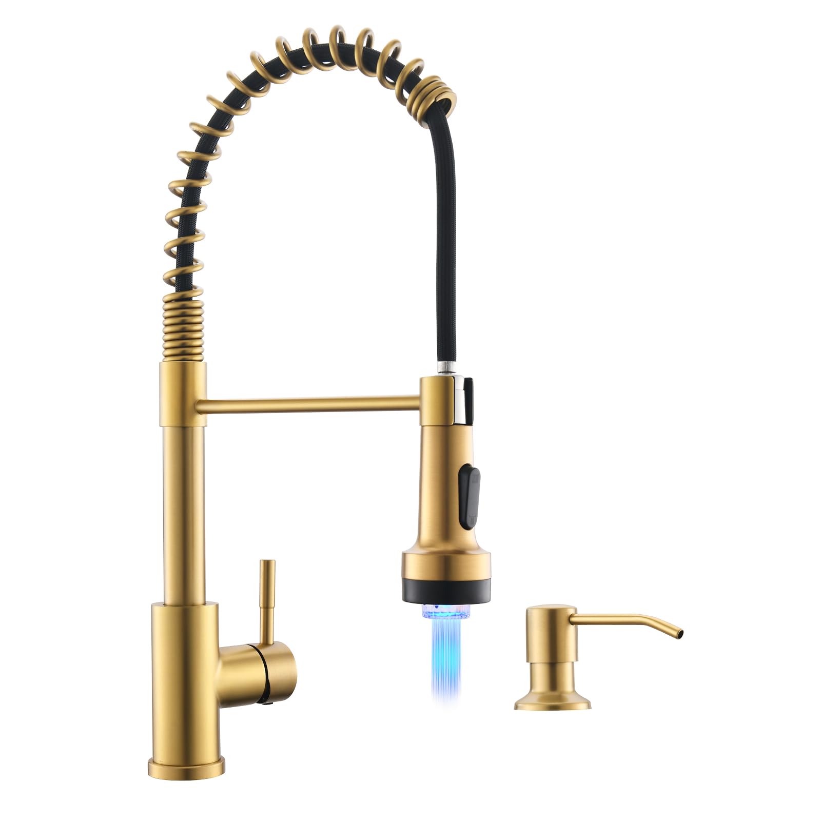 GIMILI Gold Kitchen Faucet with Soap Dispenser Single Hole Pull Down Sprayer LED Faucet, Suitable for Farmhouses, RV, Laundry Room, Outdoor, and Campers. Llave para fregadero de cocina Image