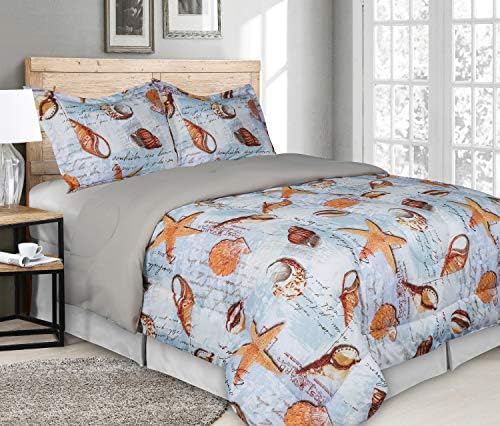 Marina Decoration Goose Down Alternative 3 Pieces Comforter Set, Nautical Sea Shells Pattern, Brown, Light Blue and White Color, King Size